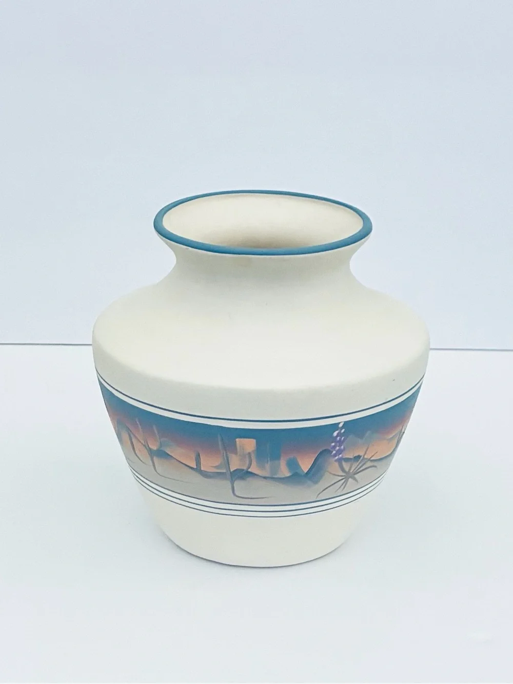 Vintage New West Pottery Hand-painted Vase Southwestern Desert Sunset Blue Rim
